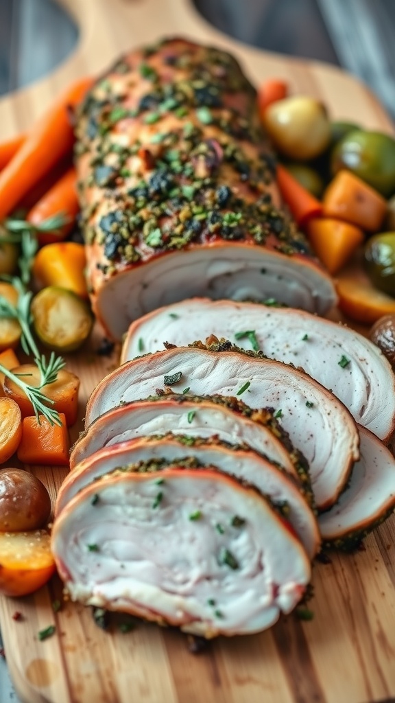 Sliced herb-crusted pork loin on a wooden board, with roasted vegetables, showcasing a delicious and elegant dish.
